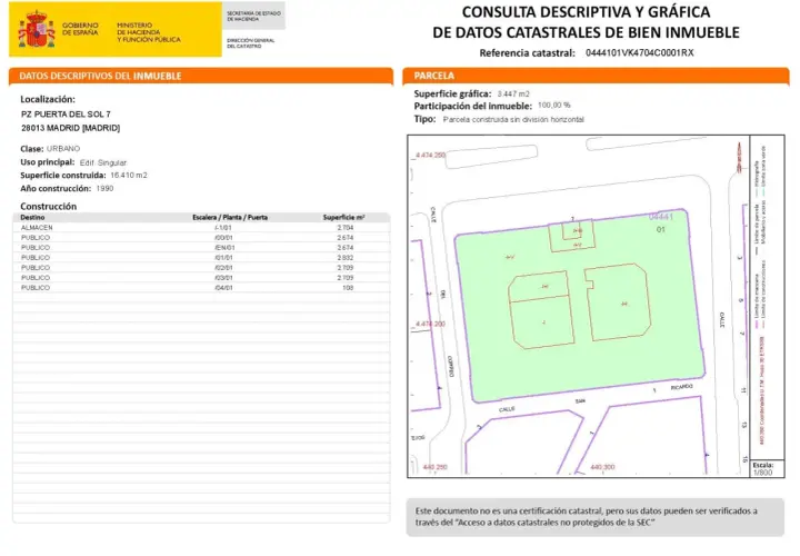 Detalles de la referencia catastral Madrid: parcela en PZ PUERTA DEL SOL 7, 28013 MADRID. Plano gráfico de la parcela.