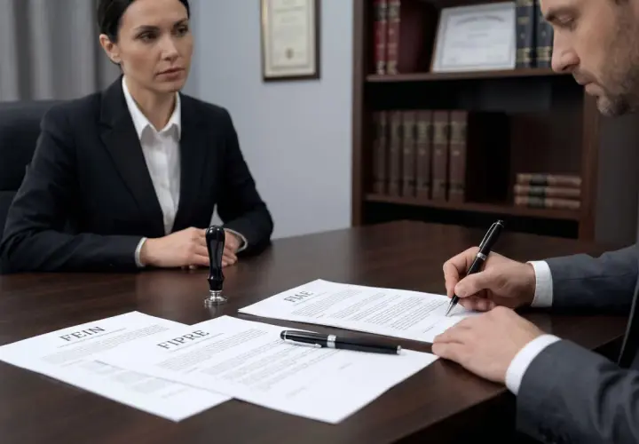 Un hombre firma un documento en una oficina, mientras una mujer observa. El documento tiene la palabra "FEIN" visible, indicando el momento en que se firma la fein.