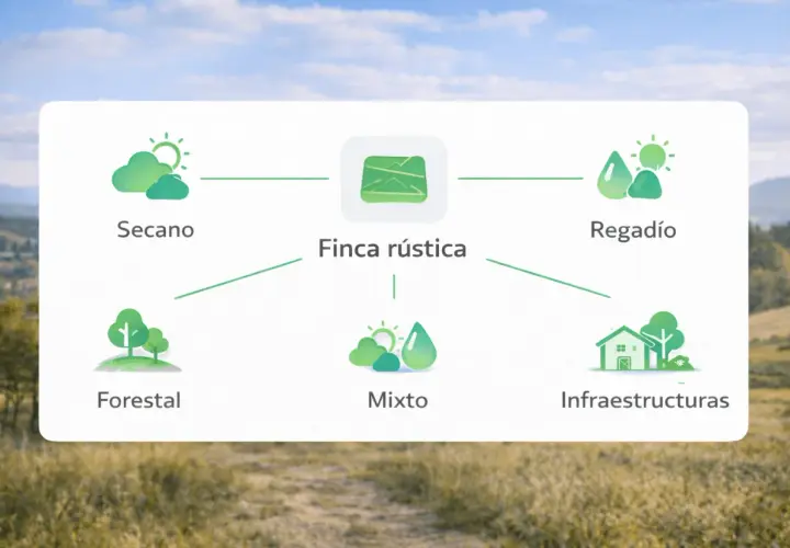 Diagrama que muestra cómo tasar finca rústica: secano, regadío, forestal, mixto e infraestructuras.
