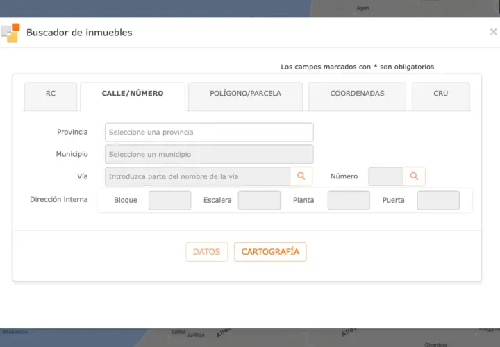 Buscador de inmuebles para una nota simple sin referencia catastral. Introduce datos de calle, número, provincia y municipio.