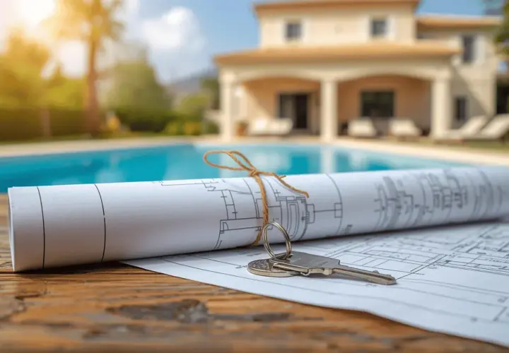Planos de una casa con piscina y llaves. Un sueño hecho realidad, como obtener una nota simple registro propiedad gratis.