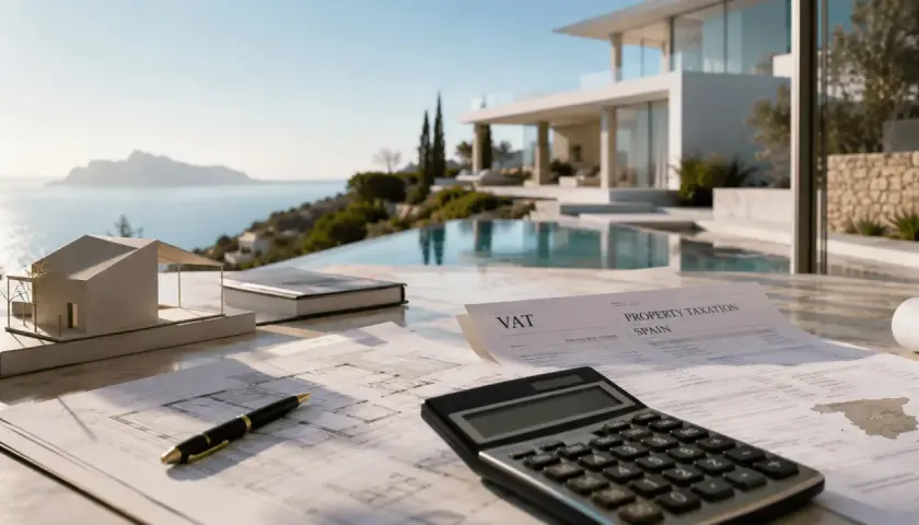 Planos, maqueta de casa, calculadora y documentos sobre impuestos de iva vivienda nueva en España, con una villa moderna y el mar de fondo.