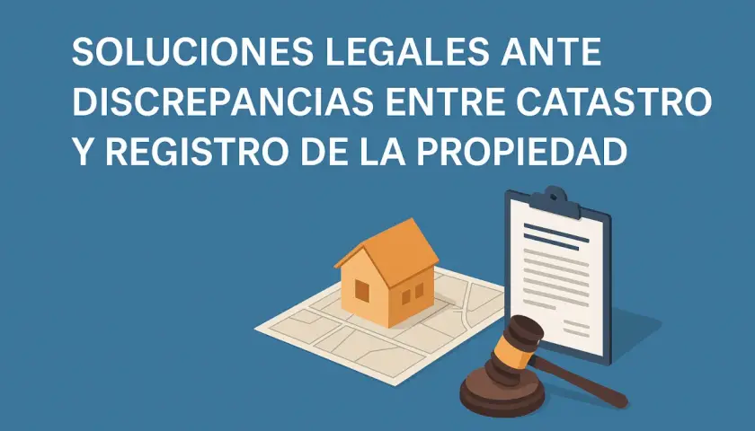 Ilustración de una casa sobre un plano, un mazo de juez y un documento. Ayuda a saber si una finca está registrada.