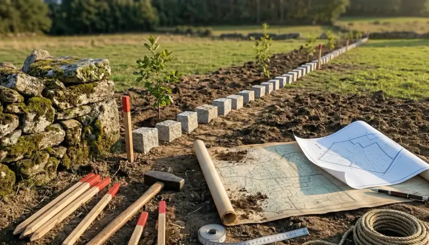 Herramientas y plano para el amojonamiento, marcando el significado de los límites de una propiedad con cubos de granito y estacas.