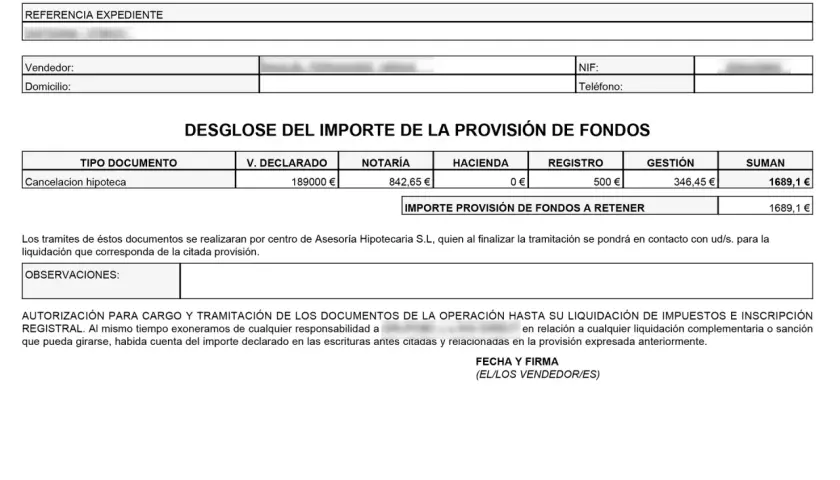 Detalle de gastos al cancelar hipoteca: notaría, gestión y otros. Total 1689,1 €.