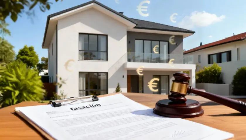 Un mazo de juez y un documento de tasación frente a una casa moderna, con símbolos de euros flotando. Reflexiona sobre qué impuestos se pagan al comprar una casa.