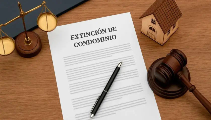 Documento "Extinción de Condominio" junto a una balanza de justicia, mazo y maqueta de condominio vivienda.