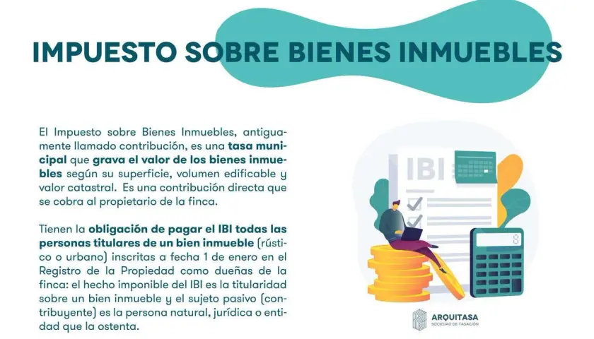 Ilustración sobre el IBI, impuesto que grava el valor catastral de bienes inmuebles. Un hombre revisa documentos con una calculadora y monedas.