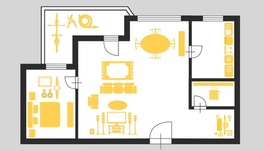 Plano de una casa con dormitorio, sala, comedor, cocina y balcón con bicicleta y herramientas.