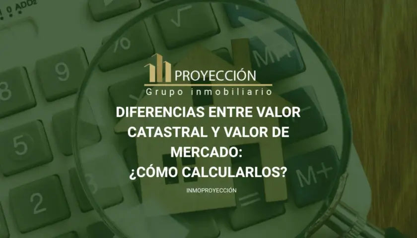 Calculadora y lupa sobre una casa de madera, con texto sobre valor catastral y precio de venta.