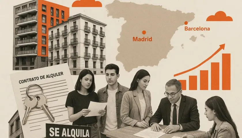 Jóvenes deciden si comprar o alquilar una vivienda en España, con un contrato de alquiler y llaves.