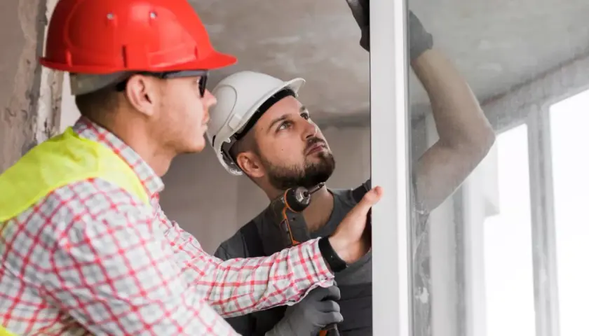 Dos obreros instalan un marco de ventana. Uno usa casco rojo y chaleco amarillo, el otro casco blanco y guantes. Sus **clikalia opiniones** sobre el trabajo son positivas.