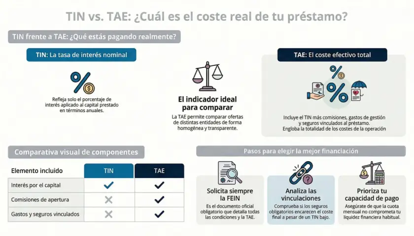 Infografía compara TIN y TAE para hipotecas, mostrando que la TAE incluye comisiones y seguros, ofreciendo el coste real.