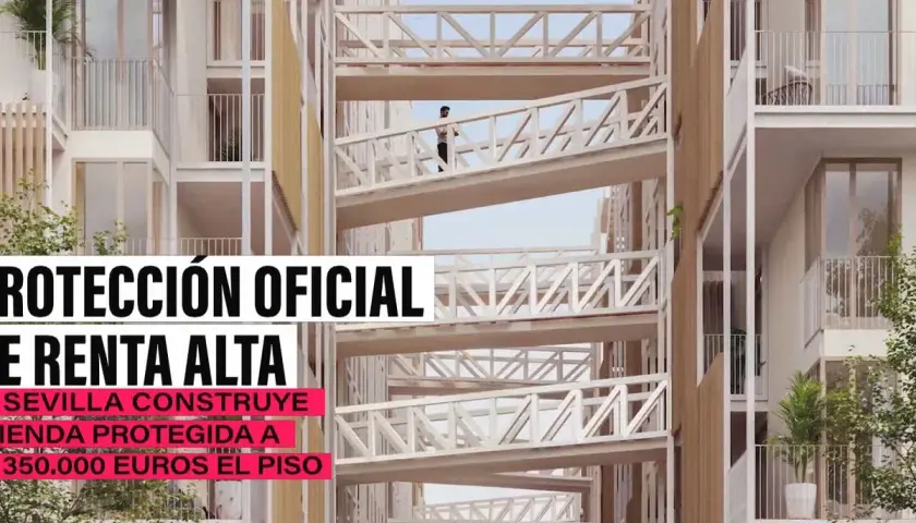 Edificio moderno con pasarelas en espiral. Se anuncia "vivienda protegida" a 350.000 euros el piso en Sevilla.