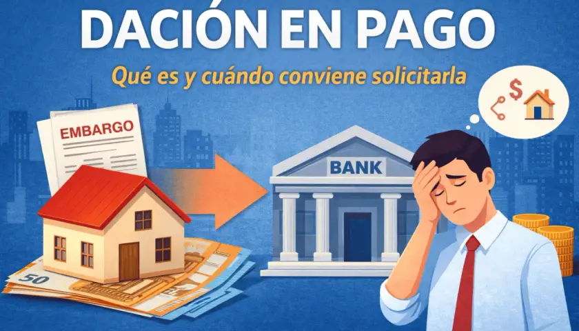Un hombre preocupado piensa en el dación en pago significado, mientras una casa y dinero se dirigen a un banco.