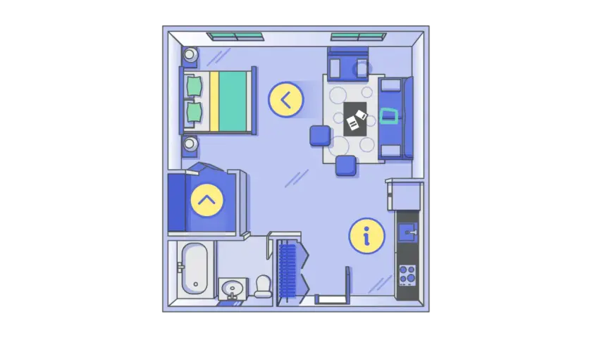 Plano de vivienda con dormitorio, salón, baño y cocina. Ideal para conseguir planos vivienda online y visualizar tu futuro hogar.
