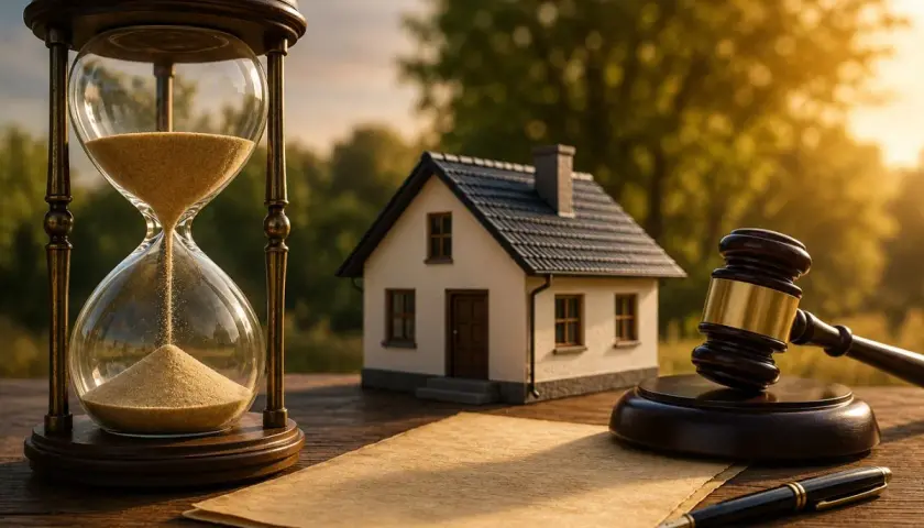 Reloj de arena, casa, mazo y papel. El tiempo es clave para la usucapión según el Código Civil.