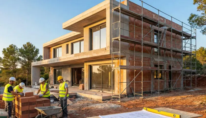 Construcción de casa moderna. Obreros trabajan en muros de ladrillo. Planos y herramientas sobre mesa. Pregunta: cuanto cuesta hacerse una casa teniendo el terreno.