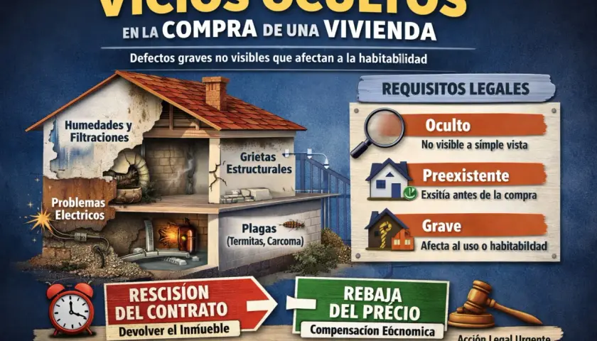 Ilustración de una casa con vicios ocultos: humedades, grietas, problemas eléctricos y plagas. Requisitos legales: oculto, preexistente, grave. Opciones: rescisión o rebaja del precio.