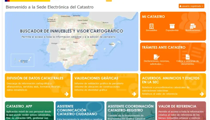 Página principal de la Sede Electrónica del Catastro, con opciones para consultar el valor catastral, trámites y datos.