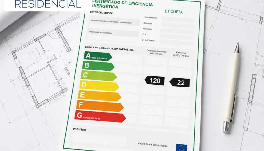 Certificado de Eficiencia Energética para arquitectura residencial, mostrando la escala de calificación y datos del edificio. Este documento es esencial para la **cédula de habitabilidad**.
