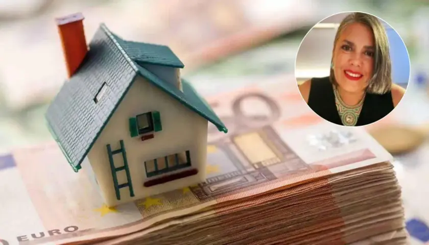 Casa en billetes de euro, con una mujer sonriendo. Guía para los pasos hipoteca.