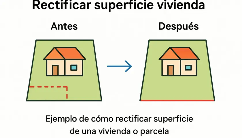 Ilustración muestra cómo rectificar la diferencia de metros entre registro de propiedad y catastro. Antes, la parcela tiene límites imprecisos; después, se ajusta a la realidad.