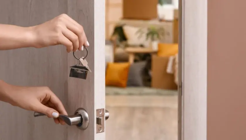 Manos abren la puerta con llaves de casa, un gran tenedor cuelga del llavero. El interior está lleno de cajas de mudanza.