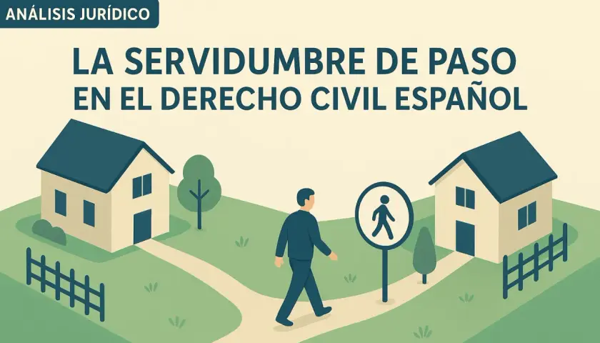 Ilustración que explica qué es una servidumbre de paso: un camino entre dos casas, con un peatón y un cartel.