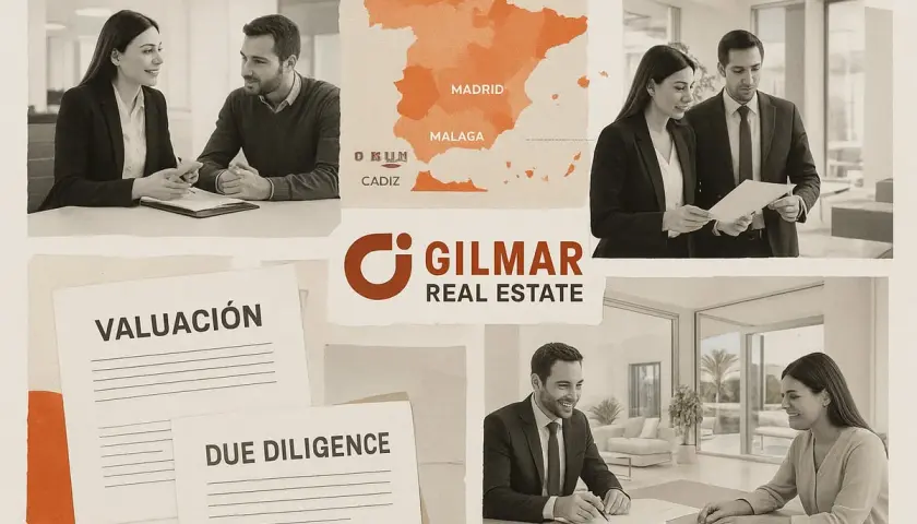 Agentes de Gilmar Real Estate discuten propiedades en España. Documentos de "Valuación" y "Due Diligence" sugieren transacciones.