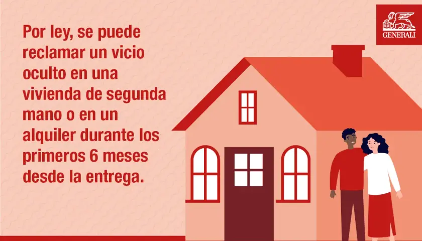 Pareja preocupada frente a su casa. Texto explica que se puede reclamar por vicios ocultos en vivienda o alquiler en los primeros 6 meses.