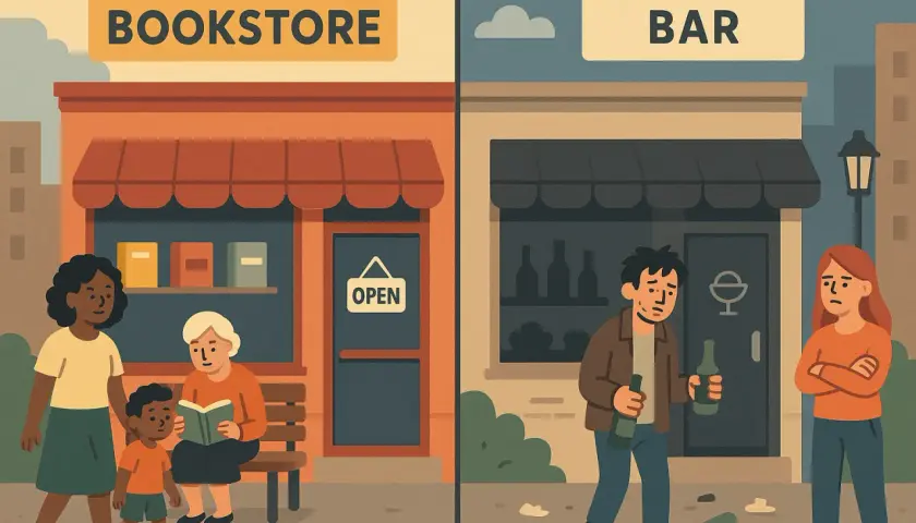 Contraste entre una librería familiar y un bar desolado, mostrando cambios de uso y sus efectos en la comunidad.