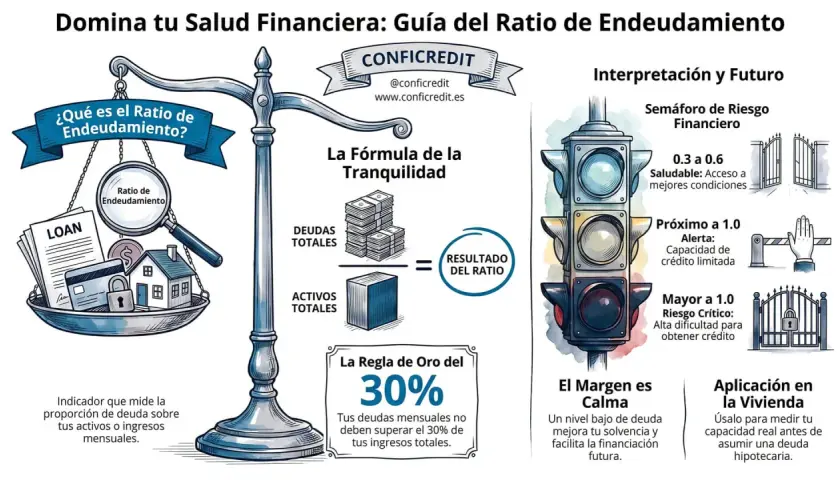 Balanza que compara deudas y activos, ilustrando el ratio de endeudamiento. Un semáforo y puertas indican niveles de riesgo financiero.