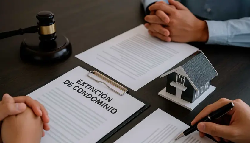 Mesa con mazo de juez, maqueta de casa y documentos sobre la extinción de condominio.