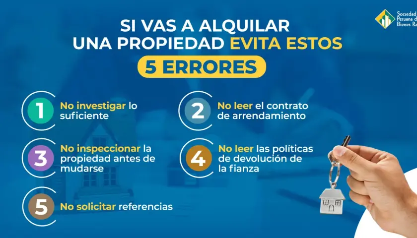 Evita 5 errores al alquilar: no investigar, no leer el contrato de arrendamiento (¡descarga una plantilla contrato de alquiler gratis!), no inspeccionar, no leer políticas de fianza y no pedir referencias.