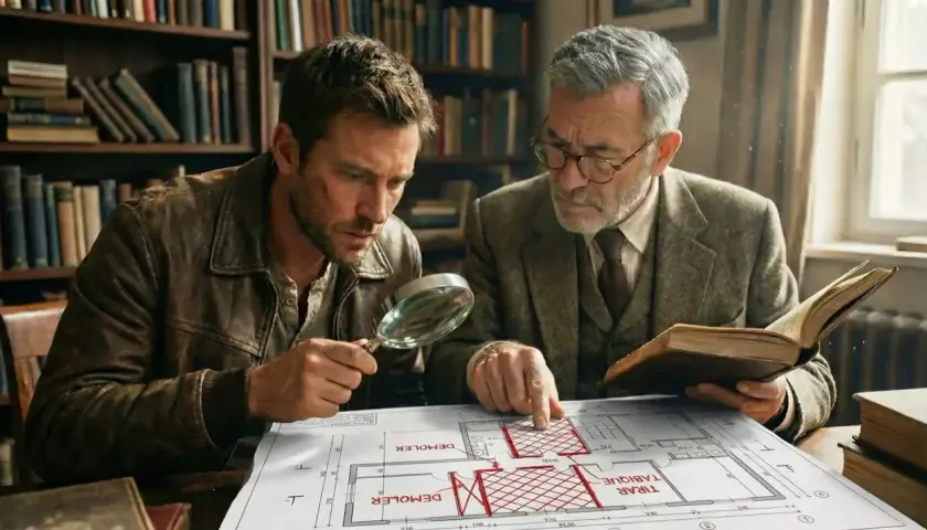 Dos hombres estudian un plano, uno con lupa, el otro con un libro. El arte 24 lau inspira su investigación en la biblioteca.