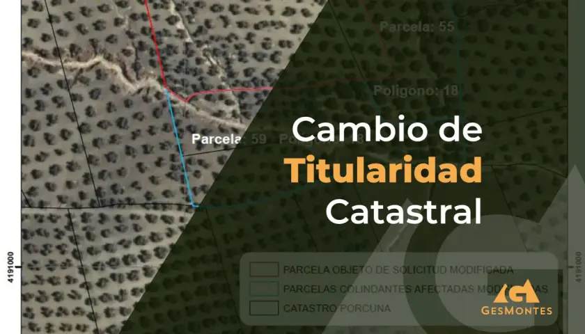 Mapa catastral con parcelas y polígonos. Texto: "Cambio de Titularidad Catastral". Indica la necesidad de recalificar terreno.
