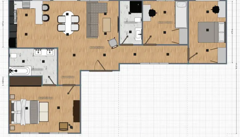 Plano de vivienda con distribución de habitaciones, cocina, baños y medidas. Ideal para conseguir planos de una vivienda y visualizar espacios.