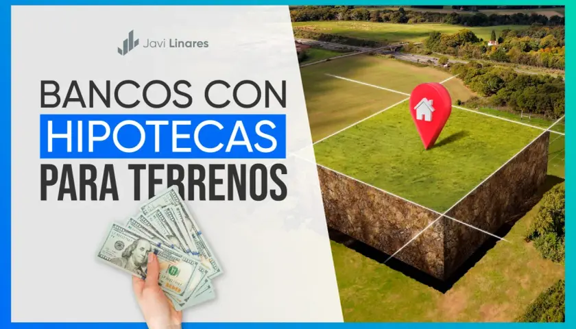 Bancos con hipotecas para terrenos. Un terreno con un marcador de casa y fajos de billetes de cien dólares.