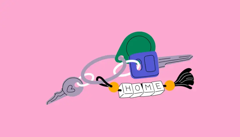 Llaves con un llavero que dice "HOME". Un símbolo de corazón en una llave. Tasadoras homologadas por el Banco de España.