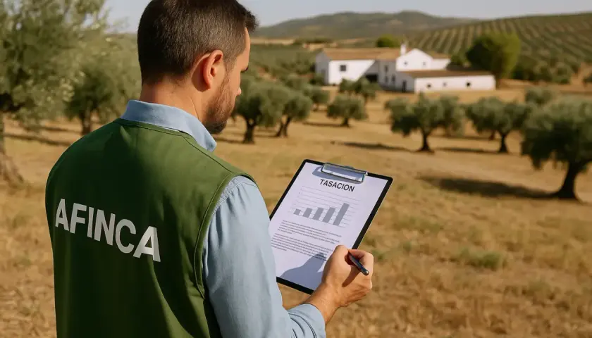 Profesional revisa informe de tasación de terreno rústico con olivos y casas de campo al fondo.