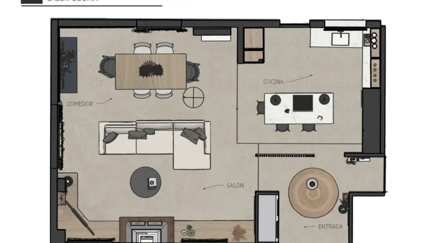Plano 3D de salón-cocina con comedor, chimenea y entrada. Ideal para saber como conseguir los planos de mi casa.