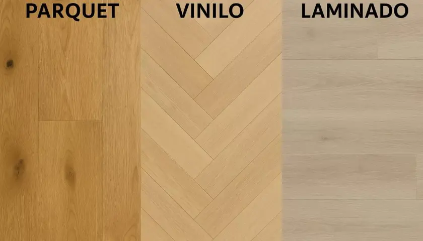 Comparativa visual: parquet clásico, vinilo en espiga y laminado. Muestra la diferencia entre tarima y parquet.
