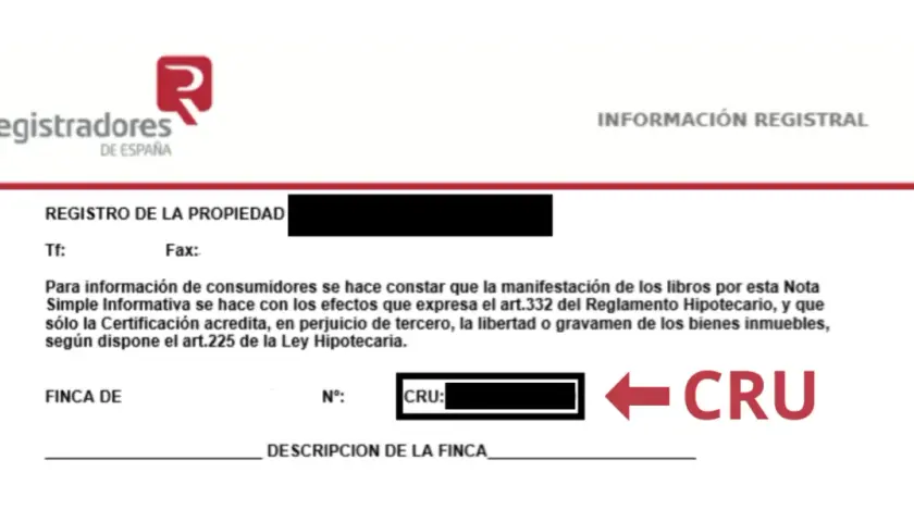 Documento del Registro de la Propiedad de España. Se muestra un campo para el CRU, que es un código identificador único.
