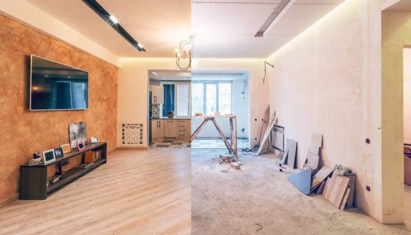 Un lado muestra un salón moderno y amueblado, el otro, una obra en proceso. Un claro ejemplo de cambio de uso y renovación.