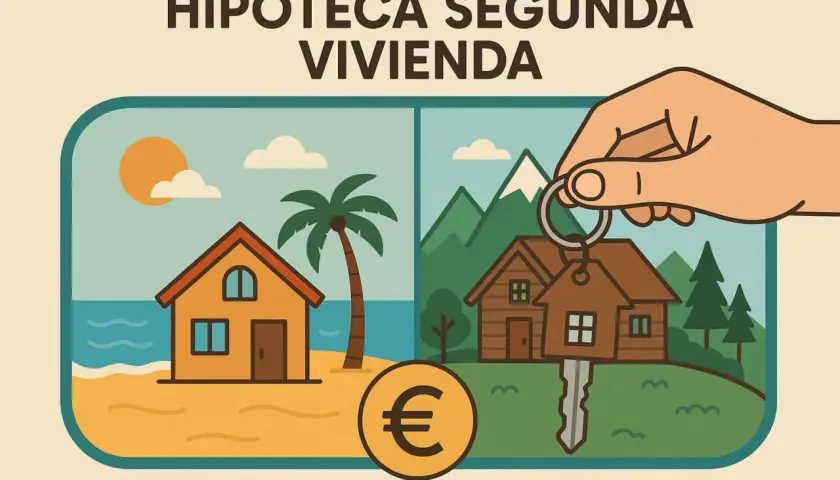 Unas llaves con forma de casa, símbolo de euro y dos casas: una en la playa y otra en la montaña. ¡Tu hipoteca segunda vivienda te espera!