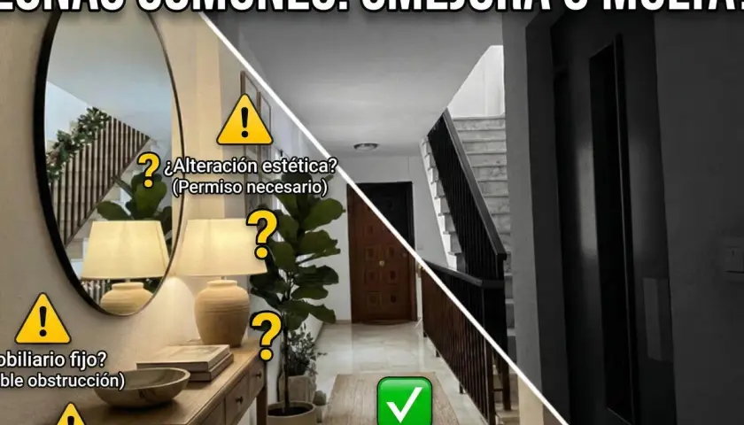 Pasillo con espejo, lámparas y plantas. ¿Alteración estética? ¿Mobiliario fijo? ¿Cumple normativa de seguridad?