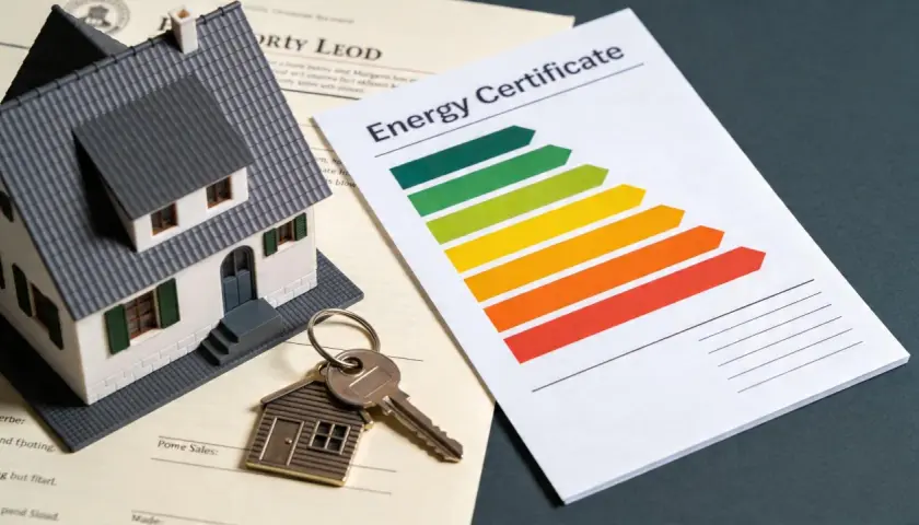 Maqueta de vivienda, llaves y certificado energético. Documentos que podrían influir en el valor catastral de la vivienda.
