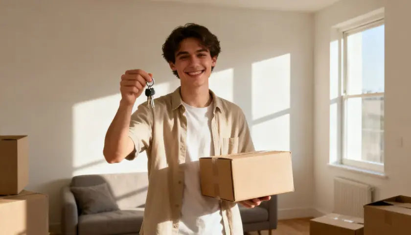 Joven sonriente con caja y llaves, listo para mudarse a su nuevo hogar gracias al bono joven alquiler.