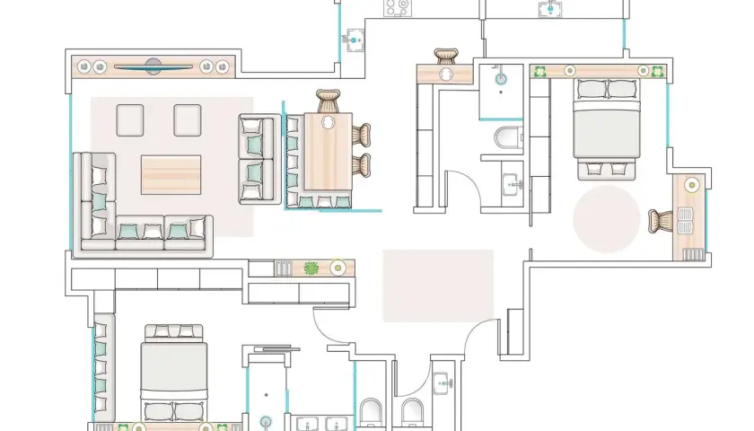 Plano piso con sala, comedor, cocina, dos habitaciones y dos baños.